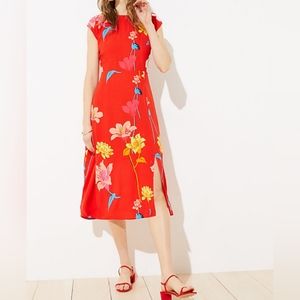 NWT LOFT Lily Cap Sleeve Midi Dress side slit red flowers 0 Petite